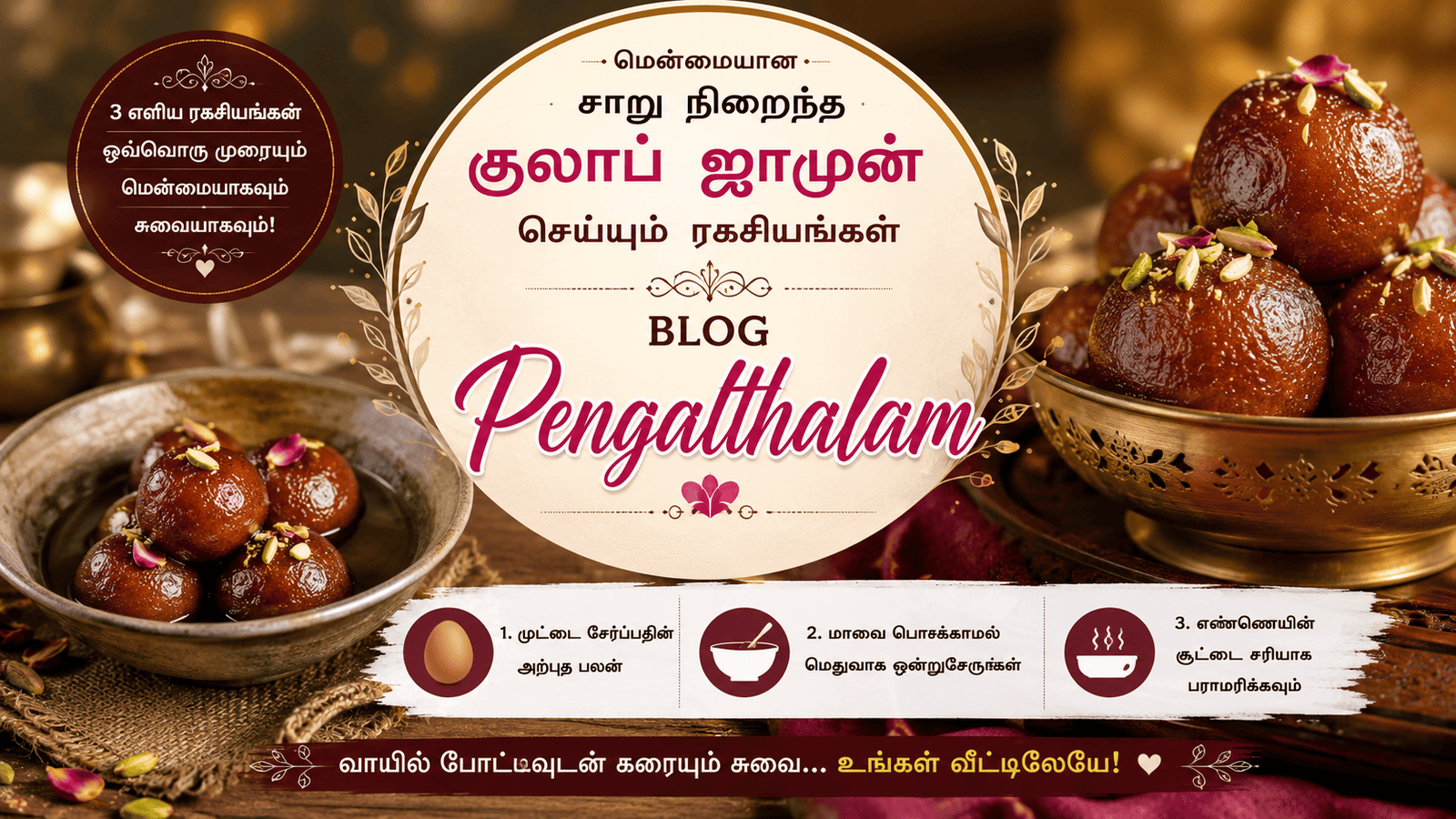 சாறு நிறைந்த மென்மையான குலாப் ஜாமுன் ஒரு பாத்திரத்தில் அலங்கரிக்கப்பட்டு இருக்கும் தோற்றம்
